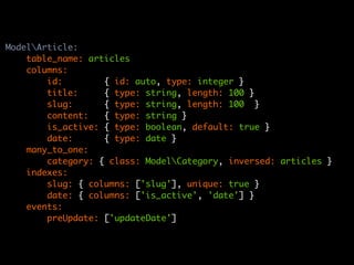 ModelArticle:
    table_name: articles
    columns:
        id:        { id: auto, type: integer }
        title:     { type: string, length: 100 }
        slug:      { type: string, length: 100 }
        content:   { type: string }
        is_active: { type: boolean, default: true }
        date:      { type: date }
    many_to_one:
        category: { class: ModelCategory, inversed: articles }
    indexes:
        slug: { columns: ['slug'], unique: true }
        date: { columns: ['is_active', 'date'] }
    events:
        preUpdate: ['updateDate']
 