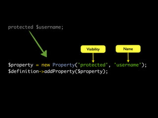protected $username;



                            Visibility   Name



$property = new Property('protected', 'username')...