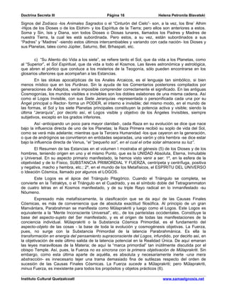 Doctrina Secreta III                           Página 16                    Helena Petronila Blavatski

Signos del Zodíaco -los Animales Sagrados o el “Cinturón del Cielo”- son, a la vez, los Bne’ Alhim
-Hijos de los Dioses o de los Elohim- y los Espíritus de la Tierra; pero ellos son anteriores a estos.
Soma y Sin, Isis y Diana, son todos Dioses o Diosas lunares, llamados los Padres y Madres de
nuestra Tierra, la cual les está subordinada. Pero estos, a su vez, están subordinados a sus
“Padres” y “Madres” -siendo estos últimos intercambiables y variando con cada nación- los Dioses y
sus Planetas, tales como Júpiter, Saturno, Bel, Brhaspati, etc.


       c) “Su Aliento dio Vida a los siete”, se refiere tanto el Sol, que da vida a los Planetas, como
al “Superior”, el Sol Espiritual, que da vida a todo el Kosmos. Las llaves astronómica y astrológica,
que abren el pórtico que conduce a los misterios de la Teogonía, sólo pueden encontrarse en los
glosarios ulteriores que acompañan a las Estancias.
        En las slokas apocalípticas de los Anales Arcaicos, es el lenguaje tan simbólico, si bien
menos místico que en los Purânas. Sin la ayuda de los Comentarios posteriores compilados por
generaciones de Adeptos, sería imposible comprender correctamente el significado. En las antiguas
Cosmogonías, los mundos visibles e invisibles son los dobles eslabones de una misma cadena. Así
como el Logos Invisible, con sus Siete Jerarquías -representada o personificada cada una por su
Ángel principal o Rector- forma un PODER, el interno e invisible; del mismo modo, en el mundo de
las formas, el Sol y los siete Planetas principales constituyen la potencia activa y visible; siendo la
última “Jerarquía”, por decirlo así, el Logos visible y objetivo de los Ángeles Invisibles, siempre
subjetivos, excepto en los grados inferiores.
        Así -anticipando un poco para mayor claridad-, cada Raza en su evolución se dice que nace
bajo la influencia directa de uno de los Planetas; la Raza Primera recibió su soplo de vida del Sol,
como se verá más adelante; mientras que la Tercera Humanidad -los que cayeron en la generación,
o que de andróginos se convirtieron en entidades separadas, una varón y otra hembra -se dice estar
bajo la influencia directa de Venus, “el “pequeño sol”, en el cual el orbe solar almacena su luz”.
        El Resumen de las Estancias en el volumen I mostraba el génesis (5) de los Dioses y de los
hombres, teniendo origen en uno y el mismo Punto, que es la UNIDAD Absoluta, Eterna, Inmutable
y Universal. En su aspecto primario manifestado, la hemos visto venir a ser: 1º, en la esfera de la
objetividad y de lo Físico, SUBSTANCIA PRIMORDIAL Y FUERZA, centrípeta y centrífuga, positiva
y negativa, macho y hembra, etc.; 2º, en el mundo de los Metafísicos, el ESPÍRITU DEL UNIVERSO
o Ideación Cósmica, llamado por algunos el LOGOS.
       Este Logos es el ápice del Triángulo Pitagórico. Cuando el Triángulo se completa, se
convierte en la Tetraktys, o el Triángulo en el Cuadrado, y es el símbolo doble del Tetragrammaton
de cuatro letras en el Kosmos manifestado, y de su triple Rayo radical en lo inmanifestado -su
Nóumeno.
        Expresado más metafísicamente, la clasificación que se da aquí de las Causas Finales
Cósmicas, es más de conveniencia que de absoluta exactitud filosófica. Al principio de un gran
Manvántara, Parabrahman se manifiesta como Mûlaprakriti y luego como el Logos. Este Logos es
equivalente a la “Mente Inconsciente Universal”, etc., de los panteístas occidentales. Constituye la
base del aspecto-sujeto del Ser manifestado, y es el origen de todas las manifestaciones de la
conciencia individual. Mûlaprakriti o la Substancia Cósmica Primordial, es el fundamento del
aspecto-objeto de las cosas - la base de toda la evolución y cosmogénesis objetivas. La Fuerza,
pues, no surge con la Substancia Primordial de la latencia Parabrahmánica. Es ella la
transformación en energía del pensamiento supraconsciente del Logos, infundido, por decirlo así, en
la objetivación de este último salida de la latencia potencial en la Realidad Única. De aquí emanan
las leyes maravillosas de la Materia; de aquí la “marca primordial” tan inútilmente discutida por el
obispo Temple. Así, pues, la Fuerza no es síncrona con la primera objetivación de Mûlaprakriti. Sin
embargo, como esta última aparte de aquélla, es absoluta y necesariamente inerte -una mera
abstracción- es innecesario tejer una trama demasiado fina de sutilezas respecto del orden de
sucesión de las Causas Finales Cósmicas. La Fuerza sucede a Mûlaprakriti; pero Mûlaprakriti,
minus Fuerza, es inexistente para todos los propósitos y objetos prácticos (6).

Instituto Cultural Quetzalcoatl                                               www.samaelgnosis.net
 