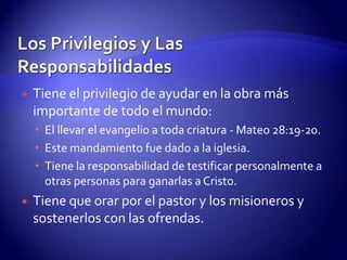 Características de una Iglesia NeotestamentariaEsta formada por personas organizadas en congregaciones locales y unidas por el E. S., que buscan con diligencia una fiel relación personal con Dios. Hechos 13:2; 16:5Mediante su poderoso testimonio los pecadores serán salvos. Hechos 2:41-42; 4:33; 5:14-16  Características de una Iglesia NeotestamentariaPredicación del bautismo en el E. S. a los nuevos creyentes, y se manifiesta la presencia y el poder del E. S.Los dones del E. S. se manifiestan. Romanos 12:6-8; Efesios 4:11-12Los creyentes expulsaran demonios. Hechos 5:16; 8:7; 16:18; Marcos 16:7Absoluta lealtad al Evangelio. Efesios 2:20Características de una Iglesia NeotestamentariaLa pureza y santidad de la Iglesia, disciplina a los miembros. Hechos 20:28; 1 Corintios 5:1-13Amor evidente y compañerismo en el Espíritu entre los miembros. Hechos 2:42; 44-46Los creyentes oran y ayunan.Envía misioneros a otras naciones. Hechos 2:39; 13:2-4Los Requisitos Para Ser Miembros de la IglesiaSer Salvo: Hechos 2:47 - La membresía en una iglesia no salva. Cristo es el único Salvador porque es el único que murió por nuestros pecados: Juan 14:6. Ser Bautizado: Hechos 2:41- Se "añadieron" a la iglesia por el bautismo. El bautismo no salva. Cristo es el único salvador: Hechos 4:12. El bautismo es un paso de obediencia al Señor por la cual profesamos ser salvos, y nos unimos a la iglesia, el cuerpo de Cristo.