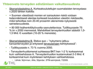 Yhteenveto terveyden edistämisen vaikuttavuudesta
•

Skenariolaskelma A. Korkeakoulutettujen suomalaisten terveystaso
v.2020 lähtien kaikilla:

•

+ Suomen väestössä monien eri sairauksien riskiä voidaan
todennäköisesti alentaa korkeasti koulutetun väestön riskitasolle,
mikä tarkoittaa noin 20-40 prosentin alenemista nykyisestä
sairastavuudesta.

•

+ 80 000 lisähenkilötyövuotta saavutettavissa. Työllisyysaste 75
%:iin v.2050 mennessä. Mahdolliset terveydenhuollon säästöt 1,01,5 Mrd. € vuosittain (10-20 % menoista).

•

Skenariolaskelma B. Status quo – ”nykymeno jatkuu
kansanterveyden ja erityisesti terveyserojen kehityksessä”:

•

- Työllisyysaste n. 73 % vuonna 2050.

•

- Terveydenhuoltomenot suhteessa BKT:hen 1-2 % korkeammat
kuin vaihtoehdossa A. Terveydenhuollon kustannukset 2-3 Mrd. €
korkeammat kuin myönteisen kehityksen vaihtoehdoissa.
•

25.1.2013

Lähde: Myhrman, Alila, Siljander, STM-selvityksiä, 7/2009.

EERO SILJANDER / ERIKOISTUTKIJA / CHESS / THL.

15

 