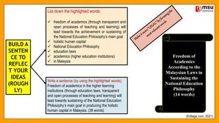 BUILD A
SENTEN
CE TO
REFLEC
T YOUR
IDEAS
(ROUGH
LY)
List down the highlighted words:
 freedom of academics (through transparent and
open processes of teaching and learning) will
lead towards the achievement or sustaining of
the National Education Philosophy’s main goal
 holistic human capital
 National Education Philosophy
 education laws
 academics (higher education institutions)
 in Malaysia
Write a sentence (by using the highlighted words):
Freedom of academics in the higher learning
institutions (through education laws, transparent
and open processes of teaching and learning) will
lead towards sustaining of the National Education
Philosophy’s main goal in producing the holistic
human capital in Malaysia. (38 words)
Freedom of
Academics
According to the
Malaysian Laws in
Sustaining the
National Education
Philosophy
(14 words)
(Editage.com, 2021)
 