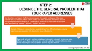 STEP 2:
DESCRIBE THE GENERAL PROBLEM THAT
YOUR PAPER ADDRESSES
After describing your topic in the first sentence, you can then explain what aspect of this topic
has motivated your research. Often, authors use this part of the abstract to describe the research
gap that they identified and aimed to fill. These types of sentences are often characterized by the
use of words such as “however,” “although,” “despite,” and so on.
Example 1: However, a comprehensive understanding of how different workplace bullying
experiences are associated with absenteeism is currently lacking.
Example 2: Although it has been established that quantity and quality of sleep can affect
different types oftask performance and personal health, the interactions between sleep
habits and workplace behaviours have received very little attention.
www.magnumproofreading.com, 2021
 