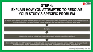 STEP 4:
EXPLAIN HOW YOU ATTEMPTED TO RESOLVE
YOUR STUDY’S SPECIFIC PROBLEM
Improved: Using data from BHIP completers, we conducted multiple one-way multivariate analyses of variance and follow-up univariate t-tests to
examine changes in physical and mental health, stress, energy levels, social satisfaction, self-efficacy, and quality of life.
Too vague: We conducted multiple tests to examine changes in various factors related to well-being.
Examples
In this part of your abstract, you should attempt to describe your study’s methodology in one or two sentences. As such, you must be sure to include
only the most important information about your method. At the same time, you must also be careful not to be too vague.
www.magnumproofreading.com, 2021
 