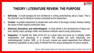 THEORY / LITERATURE REVIEW: THE PURPOSE
1. Self-study - to build background and confidence in writing authoritatively about a topic. This is
the dominant use for literature reviews conducted by the researchers.
2. Context - to enable researchers to situate their work within in the larger context, thereby making
the nature of their original contribution clear.
3. Historical, theoretical, and methodological - to trace trends in the development of ideas over
time, identify major paradigm shifts, and examine methods used to study phenomena.
4. Integrative - to identify the “state of the art” on a given topic and serve as “a critically useful
interpretation and unpacking of a problem that situates the work historically and
methodologically” (Lather, 1999 , p. 3). As such, reviews can assist researchers from different
disciplinary specialties to see a topic of interest from the unique perspective of various experts.
(Neumen, 2009; Jalongo & Heider, 2014; Mary Renck Jalongo & Olivia N. Saracho, Sept. 2016: 96)
 