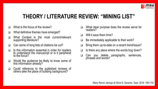 THEORY / LITERATURE REVIEW: “MINING LIST”
 What is the focus of the review?
 What definitive themes have emerged?
 What Context is the most current/relevant
supporting literature?
 Can some of long lists of citations be cut?
 Is this information essential in order for readers
to understand the manuscript or is it peripheral
to the focus?
 Would the audience be likely to know some of
this information already?
 Could reference to the published reviews of
others take the place of building background?
 What clear purpose does the review serve for
readers?
 Will it save them time?
 Be immediately applicable to their work?
 Bring them up-to-date on a recent trend/issue?
 Is there any place where the words bog down?
 Can you delete paragraphs, sentences,
phrases and words?
(Mary Renck Jalongo & Olivia N. Saracho, Sept. 2016: 109-110)
 