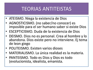 TEORIAS ANTITEISTAS
• ATEISMO. Niega la existencia de Dios
• AGNOSTICISMO. (no saber/no conocer) es
imposible para el ser humano saber si existe Dios
• ESCEPTICISMO. Duda de la existencia de Dios
• DEISMO. Dios no es personal. Crea al hombre y lo
abandona. Dios existe pero no interviene. Ej tema
de leon giego
• POLITEISMO. Existen varios dioses
• MATERIALISMO. La única realidad es la materia.
• PANTEISMO. Todo es Dios y Dios es todo
(evolucionista, idealista, emanista.
 