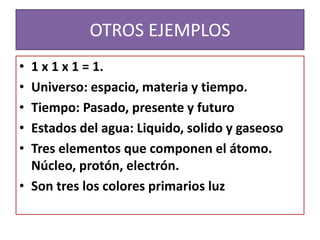 OTROS EJEMPLOS
• 1 x 1 x 1 = 1.
• Universo: espacio, materia y tiempo.
• Tiempo: Pasado, presente y futuro
• Estados del agua: Liquido, solido y gaseoso
• Tres elementos que componen el átomo.
Núcleo, protón, electrón.
• Son tres los colores primarios luz
 