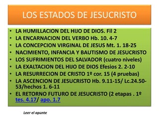 LOS ESTADOS DE JESUCRISTO
• LA HUMILLACION DEL HIJO DE DIOS. Fil 2
• LA ENCARNACION DEL VERBO Hb. 10. 4-7
• LA CONCEPCION VIRGINAL DE JESUS Mt. 1. 18-25
• NACIMIENTO, INFANCIA Y BAUTISMO DE JESUCRISTO
• LOS SUFRIMIENTOS DEL SALVADOR (cuatro niveles)
• LA EXALTACION DEL HIJO DE DIOS Efesios 2. 2-10
• LA RESURRECION DE CRISTO 1º cor. 15 (4 pruebas)
• LA ASCENCION DE JESUCRISTO Hb. 9.11-15/ Lc.24.50-
53/hechos 1. 6-11
• EL RETORNO FUTURO DE JESUCRISTO (2 etapas . 1º
tes. 4.17/ apo. 1.7
Leer el apunte
 