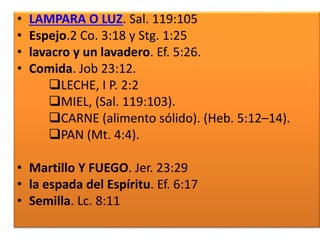 • LAMPARA O LUZ. Sal. 119:105
• Espejo.2 Co. 3:18 y Stg. 1:25
• lavacro y un lavadero. Ef. 5:26.
• Comida. Job 23:12.
LECHE, I P. 2:2
MIEL, (Sal. 119:103).
CARNE (alimento sólido). (Heb. 5:12–14).
PAN (Mt. 4:4).
• Martillo Y FUEGO. Jer. 23:29
• la espada del Espíritu. Ef. 6:17
• Semilla. Lc. 8:11
 