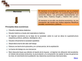Marxistas                              El marxismo es la doctrina económica que se empieza
                                                  a desarrollar en el siglo XIX y es sucesora legítima de la
                                                  economía clásica. Los principales representantes son
                                                  Carlos Marx, Federico Engels y Vladimir Ilich Lennin.

                                                  El marxismo no es sólo una doctrina económica, es una
                                                  concepción del mundo que implica aspectos filosóficos
                                                  sociales, económicos y políticos.
Principales ideas económicas:

    Filosofía materialista dialéctica
    Estudio histórico a través del materialismo histórico
    El régimen económico es la base de la sociedad, sobre la cual se eleva la superestructura
     (aspectos jurídicos, políticos, ideológicos, etc.)
    Estudia críticamente la sociedad capitalista
    Desarrolla la teoría del valor del trabajo
    Esboza una teoría de la plusvalía y en consecuencia, de la explotación
    La fuerza de trabajo es una mercancía
    Marx descubre leyes que afectan al reparto de la riqueza; el régimen de utilización del excedente;
     el módulo del proceso productivo; la acumulación y la composición de capital; la tasa de ganancia;
     la crisis; el crecimiento de la población; las relaciones económicas internacionales.
                                                                                                 Menú
 