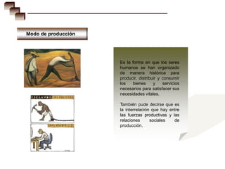 Modo de producción




                     Es la forma en que los seres
                     humanos se han organizado
                     de manera histórica para
                     producir, distribuir y consumir
                     los   bienes      y    servicios
                     necesarios para satisfacer sus
                     necesidades vitales.

                     También pude decirse que es
                     la interrelación que hay entre
                     las fuerzas productivas y las
                     relaciones      sociales   de
                     producción.
 