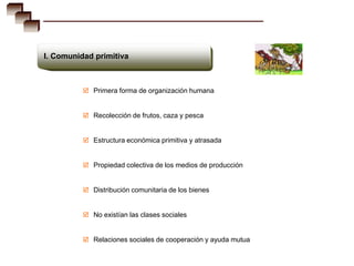 I. Comunidad primitiva



           Primera forma de organización humana


           Recolección de frutos, caza y pesca


           Estructura económica primitiva y atrasada


           Propiedad colectiva de los medios de producción


           Distribución comunitaria de los bienes


           No existían las clases sociales


           Relaciones sociales de cooperación y ayuda mutua
 