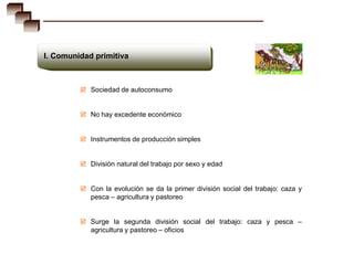 I. Comunidad primitiva



          Sociedad de autoconsumo


          No hay excedente económico


          Instrumentos de producción simples


          División natural del trabajo por sexo y edad


          Con la evolución se da la primer división social del trabajo: caza y
            pesca – agricultura y pastoreo


          Surge la segunda división social del trabajo: caza y pesca –
            agricultura y pastoreo – oficios
 