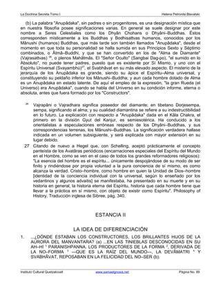 La Doctrina Secreta Tomo I Helena Petronila Blavatski 
(b) La palabra "Anupâdaka", sin padres o sin progenitores, es una designación mística que 
en nuestra filosofía posee significaciones varias. En general se suele designar por este 
nombre a Seres Celestiales como los Dhyân Chohans o Dhyâni–Buddhas. Éstos 
corresponden místicamente a los Buddhas y Bodhisattvas humanos, conocidos por los 
Mânushi (humanos) Buddhas, que más tarde son también llamados "Anupâdaka", desde el 
momento en que toda su personalidad se halla sumida en sus Principios Sexto y Séptimo 
combinados, o Âtmâ–Buddhi, y que se han convertido en los de "Alma de Diamante" 
(Vajrasattvas) 26, o plenos Mahâtmâs. El "Señor Oculto" (Sangbai Dag-po), "el sumido en lo 
Absoluto", no puede tener padres, puesto que es existente por Sí Mismo, y uno con el 
Espíritu Universal (Svayambhú)27, el Svabhâvat en su más elevado aspecto. El misterio de la 
jerarquía de los Anupâdaka es grande, siendo su ápice el Espíritu–Alma universal, y 
constituyendo su peldaño inferior los Mânushi–Buddha; y aun cada hombre dotado de Alma 
es un Anupâdaka en estado latente. De aquí el empleo de la expresión, "la gran Rueda (el 
Universo) era Anupâdaka", cuando se habla del Universo en su condición informe, eterna o 
absoluta, antes que fuera formado por los "Constructors". 
26 Vajrapâni o Vajradhara significa poseedor del diamante; en tibetano Dorjesempa, 
sempa, significando el alma; y su cualidad diamantina se refiere a su indestructibilidad 
en lo futuro. La explicación con respecto a "Anupâdaka" dada en el Kâla Chakra, el 
primero en la división Gyut del Kanjur, es semiesotérica. Ha conducido a los 
orientalistas a especulaciones erróneas respecto de los Dhyâni–Buddhas, y sus 
correspondencias terrenas, los Mânushi–Buddhas. La significación verdadera hallase 
indicada en un volumen subsiguiente, y será explicada con mayor extensión en su 
lugar debido. 
27 Citando de nuevo a Hegel que, con Schelling, aceptó prácticamente el concepto 
panteísta de los Avatâras periódicos (encarnaciones especiales del Espíritu del Mundo 
en el Hombre, como se ven en el caso de todos los grandes reformadores religiosos): 
"La esencia del hombre es el espíritu... únicamente despojándose de su modo de ser 
finito y rindiéndose por propia voluntad a la pura conciencia de sí mismo, es como 
alcanza la verdad. Cristo–hombre, como hombre en quien la Unidad de Dios–hombre 
[identidad de la conciencia individual con la universal, según lo enseñado por los 
vedantinos y algunos advaitis] se manifestaba, ha presentado en su muerte y en su 
historia en general, la historia eterna del Espíritu, historia que cada hombre tiene que 
llevar a la práctica en sí mismo, con objeto de existir como Espíritu". Philosophy of 
History. Traducción inglesa de Sibree, pág. 340. 
ESTANCIA II 
LA IDEA DE DIFERENCIACIÓN 
1. ...¿DÓNDE ESTABAN LOS CONSTRUCTORES, LOS BRILLANTES HIJOS DE LA 
AURORA DEL MANVANTARA? (a) ...EN LAS TINIEBLAS DESCONOCIDAS EN SU 
AH–HI 1 PARANISHPANNA. LOS PRODUCTORES DE LA FORMA 2, DERIVADA DE 
LA NO–FORMA 3 —QUE ES LA RAÍZ DEL MUNDO—, LA DEVÂMATRI 4 Y 
SVABHÂVAT, REPOSABAN EN LA FELICIDAD DEL NO–SER (b). 
Instituto Cultural Quetzalcoatl www.samaelgnosis.net Página No. 89 
 