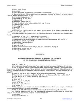 Doctrina Secreta IV Helena Petronila Blavatski 
1 Véase Josué, XV, 15 
2 Surât, XIX. 
3 Véase Mackenzie, Royal Masonic Cyclopoedia, sub voce “Enoch”. 
4 Khanoch o Hanoch, o Enoch esotéricamente, significa el “Iniciador” y “Maestro”, así como Enos, el 
“Hijo del Hombre” 8véease Génesis, IV, 26). 
5 De Mirville, Des Esprits, III, 70. 
6 Mackenzie, ob. cit., sub voce. 
7 Hebreos, XI, 5. 
8 Des Esprits, tomo III, pág. 71. 
9 Véase el incidente de los “ladrones y bandidos”, pág. 50 supra. 
10 De Mirville, ibid., pág. 73. 
11 Ibid., pág. 76. 
12 Antiquities, IX, 2. 
13 Cap. VIII. 
14 El Zohar dice: “Hanokh tenía un libro que era uno con el Libro de las Generaciones de Adán; éste 
es el Misterio de la Sabiduría”. 
15 Noé es heredero de la Sabiduría de Enoch; en otras palabras, la Raza Quinta es la heredera de la 
Cuarta. 
16 Véase Isis sin Velo, I, 575 y siguientes (edición inglesa). 
17 Véase la ilustración de Isis sin Velo, II, 452 (edición inglesa). 
18 Véanse las críticas de Danielo sobre De Sacy, en Annales de Philosophie, pág. 393, art. 2º. 
19 Des Esprits, tomo III, págs. 77-78. 
20 Cap. LXXIX. Trad. de Laurence. 
21 Ibid., cap. LXIV. 
22 Ibid., loc. cit. V, 6. 
23 Bailly, Astronomie Ancienne, I, 203, y II, 216; Des Esprits, tomo III, pág. 79. 
24 Des Esprits, tomo III, pág. 80. 
25 The City of God, XV, XXIII. 
SECCIÓN VIII 
EL SIMBOLISMO DE LOS NOMBRES DE MISTERIO, IAO Y JEHOVAH, 
EN SUS RELACIONES CON LA CRUZ Y EL CÍRCULO 
1 Ob. cit., XXXII, 8, 9. 
2 De la Sociedad Bíblica Protestante de París, según la versión revisada en 1824 por J. E. Ostervald. 
3 Para los gnósticos egipcios, Thoth (Hermes) era el jefe de los Siete. (Véase el Libro de los Muertos). 
Sus nombres los da Orígenes, como Adonai (del Sol), Iao (de la Luna), Eloi (Júpiter), Sabao (Marte), Oreai 
(Venus), Astaphai (Mercurio), y finalmente, Ildabaoth (Saturno). Véase Gnostics and their Remains, de King, 
pág. 344. 
4 Véase la Copia de la Carta o Diagrama de los Ofitas de Orígenes, en su Contra Celsum. 
5 Véase Parte III de este volumen, Sección IV, B, “sobre las Cadenas de Planetas y su Pluralidad”. 
6 Éxodo, XXXIII, 18, 19. Véase Qabbalah de Myer, pág. 226. 
7 Ibid., loc. cit. 
8 Supra, pág. 19. 
9 Véase Apocalipsis, XXII, 16. 
10 Ob. cit., II, 301. 
11 Gnostics and their Remains. 
12 II, Samuel, 11. 
13 Por muy pocos, sin embargo, pues los creadores del universo material fueron siempre considerados 
como Dioses subordinados a la Deidad Más Elevada. 
14 Ob. cit., II, 296, 297. Fürst presenta citas de Lydus y de Cedreno en apoyo de sus asertos. 
15 Véase el grabado 77 del vol. I de Antiquities de Montfaucon. Los discípulos de Hermes van, 
después de su muerte, a su planeta, Mercurio -su Reino de los Cielos. 
16 Cornutus. 
17 Lydus, De Mensibus, IV. 
Instituto Cultural Quetzalcoatl 203 www.samaelgnosis.net 
 