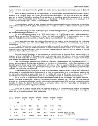Doctrina Secreta IV Helena Petronila Blavatski 
nueve, veintiuno y así sucesivamente, y todos los cuales se dice que nacieron de varias partes de Brahmâ 
(117). 
Hay dos Tetragrammatons: el Macroprosopus y el Microprosopus. El primero es el Cuadrado perfecto 
absoluto, o la Tetraktys dentro del Círculo, ambos conceptos abstractos, y por tanto, se le llama Ain -No ser, 
esto es, la “deidad” ilimitada o absoluta. Pero cuando se le considera como Microprosopus, o el Hombre 
Celeste, el Logos Manifestado, es el Triángulo en el Cuadrado - el Cubo séptuple, no el cuádruple o el 
Cuadrado plano. Porque en “La Santa Asamblea Mayor” está escrito: 
Y respecto de esto, los hijos de Israel deseaban inquirir en sus corazones (conocer en sus mentes) lo mismo que 
está escrito en el Éxodo, XVII, 7: “¿Está el Tetragrammaton en medio de nosotros, o el Uno Existente negativamente?” 
(118). 
¿En dónde distinguían entre el Microprosopus, llamado Tetragrammaton, y el Macroprosopus, llamado 
Ain, el Existente negativamente? (119). 
Por tanto, el Tetragrammaton es el TRES hecho cuatro y el CUATRO hecho tres, y está representado 
en esta Tierra por sus siete “Compañeros”, u “Ojos” - los “siete ojos del Señor”. El Microprosopus es, a lo más 
sólo una Deidad secundaria manifestada. Pues “La Santa Asamblea Mayor” dice en otra parte: 
Hemos aprendido que había diez Rabinos (Compañeros) que entraron en (la Asamblea) (el Sol, “asamblea 
misteriosa o misterio”) y que siete salieron (120) (esto es, diez para el Universo no manifestado, siete para el 
manifestados). 
Y cuando Rabi Schimeon reveló los Arcanos, no había presentes allí sino aquellos (siete( (compañeros). Y Rabi 
Schimeon los llamó los siete ojos del Tetragrammaton, lo mismo que está escrito en Zacarías, III, 9: “Estos son los siete 
ojos (o principios) del Tetragrammaton” (esto es, el Hombre Celeste cuádruple, o espíritu puro, se resuelve en hombre 
septenario, Materia y Espíritu puros) (121). 
De modo que la Tétrada es el Microprosopus, y este último es el Chokmak-Binah macho-hembra, el 
segundo y tercer Sephiroth. El Tetragrammaton es la esencia misma del número siete, en su significado 
terrestre. El siete está entre el cuatro y el nueve - la base y fundamento, astralmente, de nuestro mundo físico 
y del hombre, en el reino de Malkurth. 
Para los cristianos y creyentes, esta referencia a Zacarías y especialmente a la Epístola de Pedro (122) 
debiera ser concluyente. En el antiguo simbolismo, el “hombre”, principalmente el Hombre Espiritual Interno, es 
llamado “piedra”. Cristo es la piedra fundamental, y Pedro se refiere a todos los hombres como a piedras 
“vigorosas” (vivas. Por lo tanto, una “piedra con siete ojos” sólo puede significar un hombre cuya constitución 
(esto es, sus “principios”) es septenaria. 
Para demostrar más claramente el siete en la naturaleza, podemos añadir que no sólo gobierna el 
número siete la periodicidad de los fenómenos de la vida, sino que también se le ve dominando las series de 
los elementos químicos, e igualmente reina en el mundo del sonido y del color, como nos lo revela el 
espectroscopio. Este número es el factor, sine qua non, en la producción de fanómenos astrales ocultos. 
Así se ve que, si los elementos químicos son ordenados en grupos con arreglo a sus pesos atómicos, 
forman una serie de siete filas; teniendo los miembros primero, segundo, etc., de cada fila una estrecha 
analogía, en todas sus propiedades, con los miembros correspondientes de la fila próxima. La siguiente tabla 
copiada de Magie der Zahlen de Hellenbach, y corregida, exhibe esta ley y garantiza por completo la 
conclusión que él saca, en las siguientes palabras: 
Vemos que la variedad química, en lo que podemos penetrar en su naturaleza interna, depende de relaciones 
numéricas, y hemos encontrado además en esta variedad una ley directora, a la cual no podemos asignar causa alguna; 
vemos una ley de periodicidad regida por el número siete. 
Líneas GRUPO GRUPO GRUPO GRUPO GRUPO GRUPO GRUPO 
I II III IV V VI VII 
H 1 
1 Li 7 Be 9’3 B11 C12 N14 O 16 F 19 -- 
2 Na 23 Mg 24 Al 27’3 Si 28 P 31 S 32 Cl 35’4 
3 K 39 Ca 40 Sc 44 Ti 48 V 51 Cr 52,4 Mn 54’8 Fe 56. Co 58’6 
Ni 58. (Cu 63’3) 
4 Cu 63’3 Zn 65 Ga 68’2 Ge 72 As 75 Se 78 Br 79’5 -- 
Instituto Cultural Quetzalcoatl 97 www.samaelgnosis.net 
 