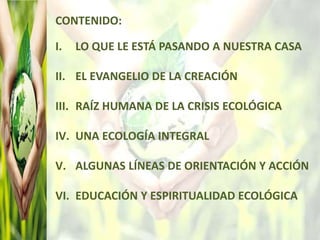 CONTENIDO:
I. LO QUE LE ESTÁ PASANDO A NUESTRA CASA
II. EL EVANGELIO DE LA CREACIÓN
III. RAÍZ HUMANA DE LA CRISIS ECOLÓGICA
IV. UNA ECOLOGÍA INTEGRAL
V. ALGUNAS LÍNEAS DE ORIENTACIÓN Y ACCIÓN
VI. EDUCACIÓN Y ESPIRITUALIDAD ECOLÓGICA
 