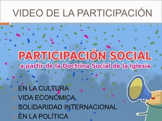 VIDEO DE LA PARTICIPACIÓN
 EN LA CULTURA
 VIDA ECONÓMICA
 SOLIDARIDAD INTERNACIONAL
 EN LA POLÍTICA
 