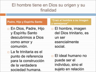 El hombre tiene en Dios su origen y su
finalidad
 En Dios, Padre, Hijo
y Espíritu Santo
descubrimos a Dios
como amor y
comunión.
 La fe trinitaria es el
punto de referencia
para la construcción
de la verdadera
sociedad humana.
 El hombre, imagen
del Dios trinitario, es
un ser
esencialmente
social.
 El ideal humano no
puede ser el
individuo, sino el
sujeto en relación
Padre, Hijo y Espíritu Santo
“Creó al hombre a su imagen
y semejanza”
 