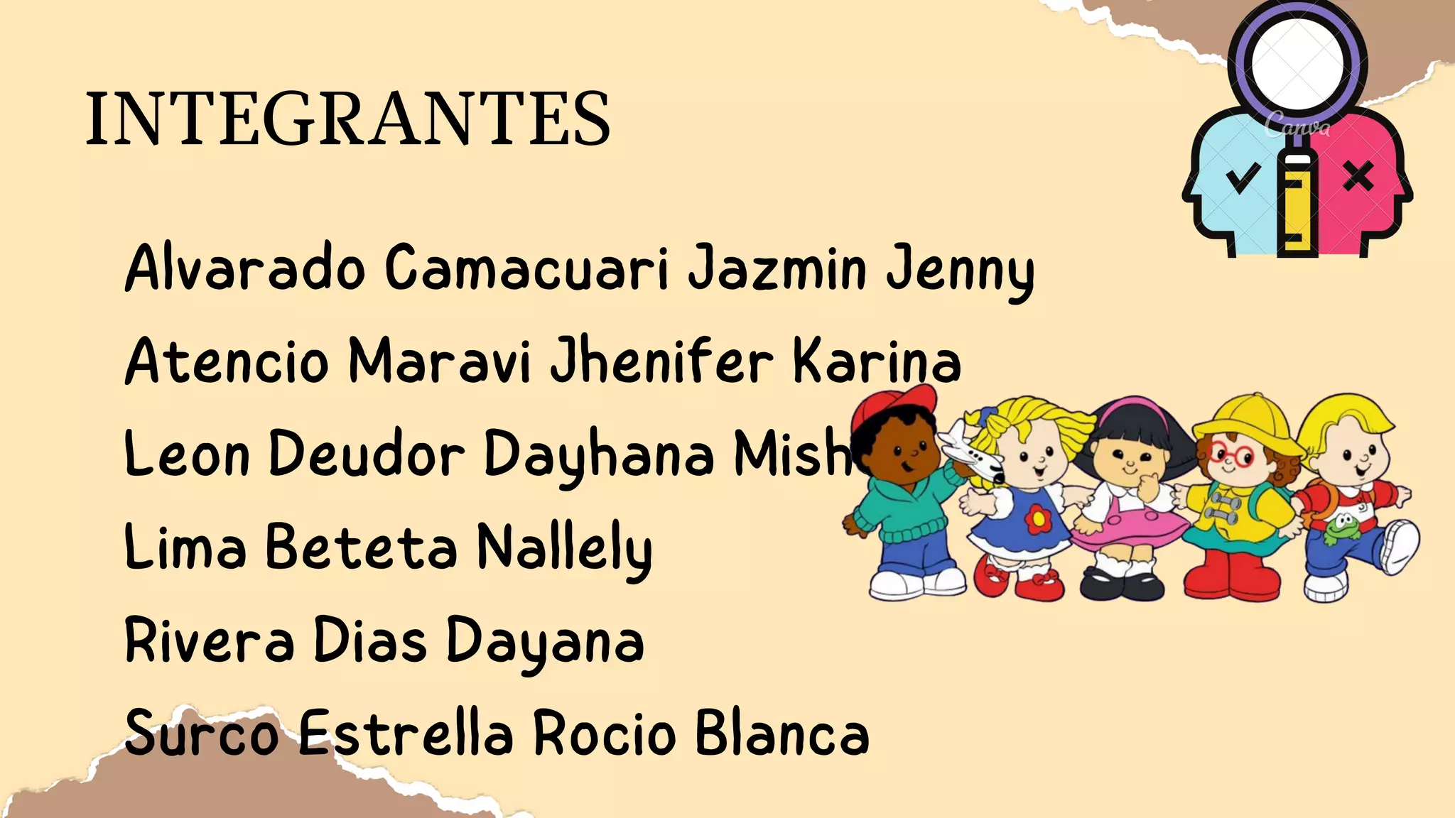 📍Alvarado Camacuari Jazmin Jenny
📍Atencio Maravi Jhenifer Karina
📍Leon Deudor Dayhana Mishell
📍Lima Beteta Nallely
📍Rivera Dias Dayana
📍Surco Estrella Rocio Blanca
INTEGRANTES
 