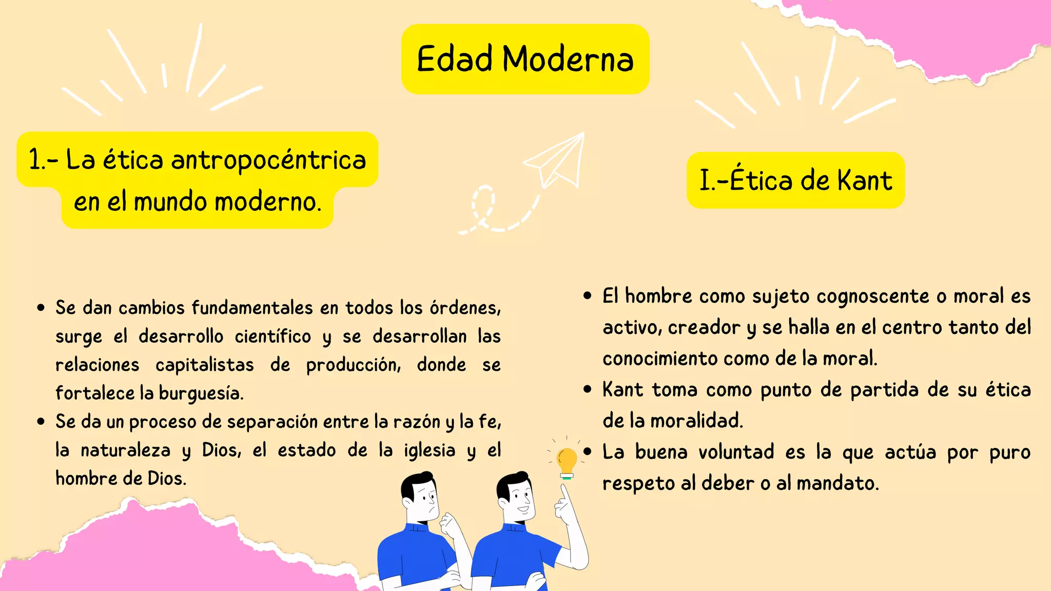 Edad Moderna
1.- La ética antropocéntrica
en el mundo moderno.
I.-Ética de Kant
El hombre como sujeto cognoscente o moral es
activo, creador y se halla en el centro tanto del
conocimiento como de la moral.
Kant toma como punto de partida de su ética
de la moralidad.
La buena voluntad es la que actúa por puro
respeto al deber o al mandato.
Se dan cambios fundamentales en todos los órdenes,
surge el desarrollo científico y se desarrollan las
relaciones capitalistas de producción, donde se
fortalece la burguesía.
Se da un proceso de separación entre la razón y la fe,
la naturaleza y Dios, el estado de la iglesia y el
hombre de Dios.
 