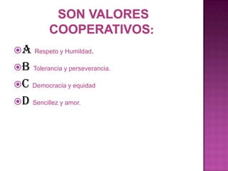 A   Respeto y Humildad.

B   Tolerancia y perseverancia.

C   Democracia y equidad

D   Sencillez y amor.
 