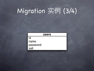 Migration 实           (3/4)


              users
   id
   name
   password
   salt
 