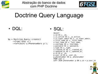 Abstração do banco de dados
                 com PHP Doctrine


      Doctrine Query Language

• DQL:                                • SQL:
                                       SELECT
                                       u.id AS u__id,
                                       u.is_active AS u__is_active,
$q = Doctrine_Query::create()          u.is_super_admin AS u__is_super_admin,
                                       u.first_name AS u__first_name,
    ->from('User u')                   u.last_name AS u__last_name,
    ->leftJoin('u.Phonenumbers p');    u.username AS u__username,
                                       u.password AS u__password,
                                       u.type AS u__type,
                                       u.created_at AS u__created_at,
                                       u.updated_at AS u__updated_at,
                                       p.id AS p__id,
                                       p.user_id AS p__user_id,
                                       p.phonenumber AS p__phonenumber
                                       FROM user u
                                       LEFT JOIN phonenumber p ON u.id = p.user_id




                                                                            28
 