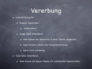 Vererbung
Unterstützung für

   Mapped Superclass

       „Daten-Mixin“

   Single Table Inheritence

       Alle Klassen der Hierarchie in einer Tabelle abgebildet

       Descriminator Column zur Klassenbestimmung

       Keine Joins notwendig

Class Table Inheritence

   Jede Klasse hat eigene Tabelle mit individuellen Eigenschaften
 