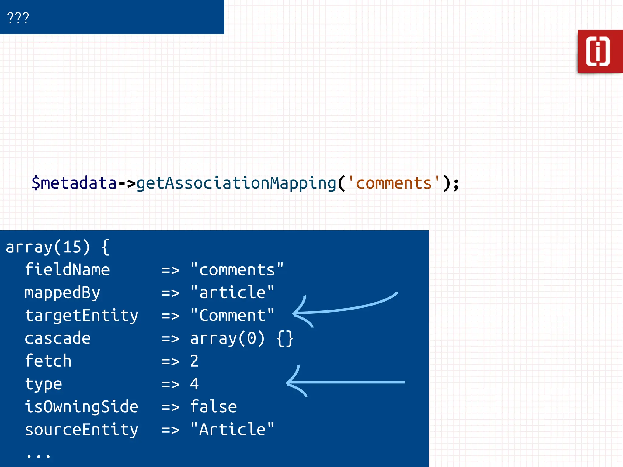???




      $metadata->getAssociationMapping('comments');


array(15) {
  fieldName        =>   "comments"
  mappedBy         =>   "article"
  targetEntity     =>   "Comment"
  cascade          =>   array(0) {}
  fetch            =>   2
  type             =>   4
  isOwningSide     =>   false
  sourceEntity     =>   "Article"
  ...
 
