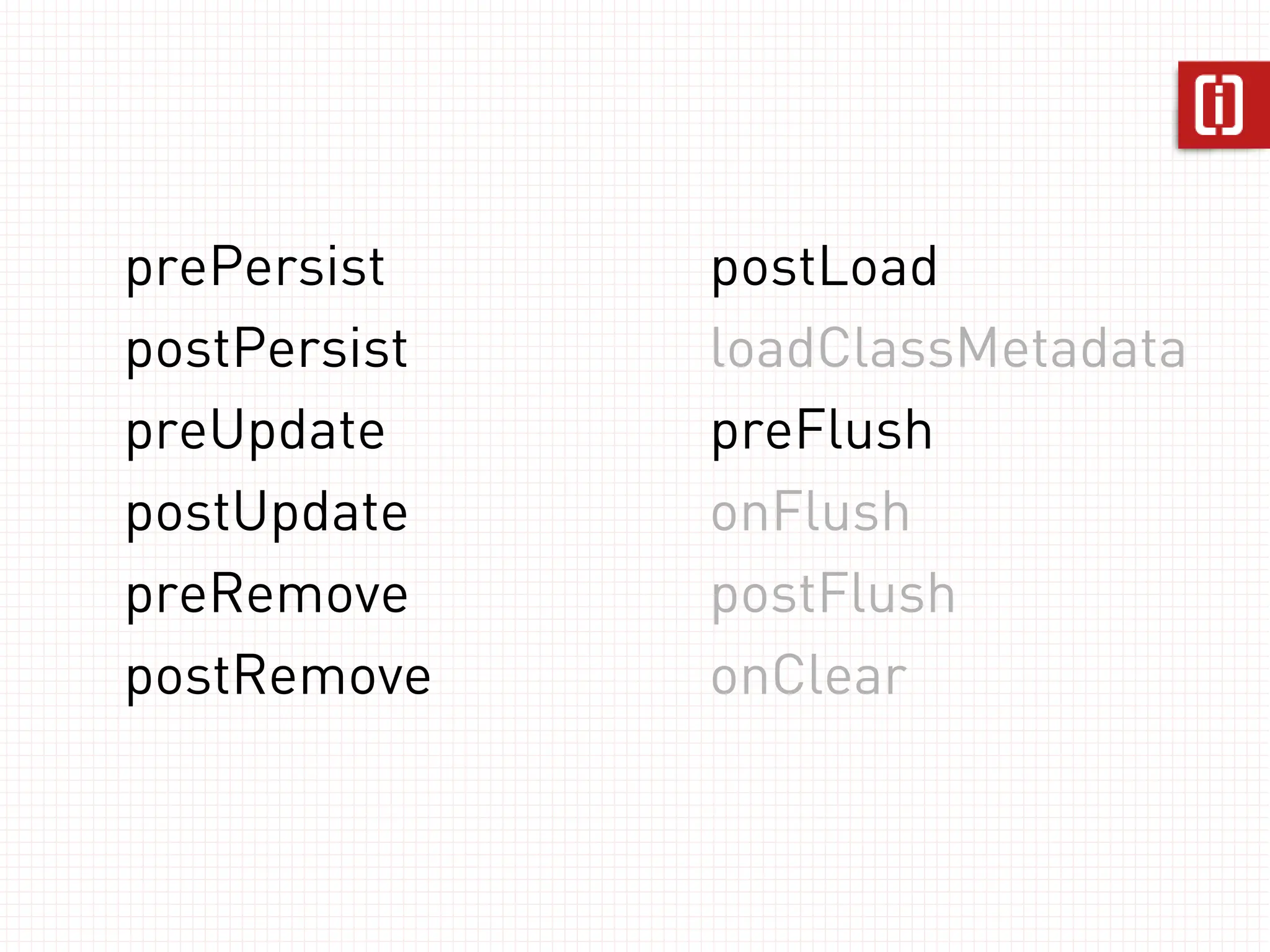 prePersist    postLoad
postPersist   loadClassMetadata
preUpdate     preFlush
postUpdate    onFlush
preRemove     postFlush
postRemove    onClear
 