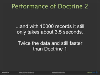 Performance of Doctrine 2


              ...and with 10000 records it still
               only takes about 3.5 seconds.

               Twice the data and still faster
                      than Doctrine 1



Doctrine 2     www.doctrine-project.org   www.sensiolabs.com
 