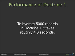 Performance of Doctrine 1



                     To hydrate 5000 records
                       in Doctrine 1 it takes
                      roughly 4.3 seconds.




Doctrine 2     www.doctrine-project.org   www.sensiolabs.com
 