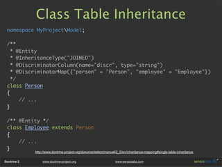 Class Table Inheritance
 namespace MyProjectModel;

 /**
   * @Entity
   * @InheritanceType("JOINED")
   * @DiscriminatorC...