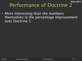 #sflive2010

             Performance of Doctrine 2
• More interesting than the numbers
  themselves is the percentage improvement
  over Doctrine 1




Doctrine 2     www.doctrine-project.org   www.sensiolabs.com
 