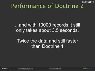 #sflive2010

             Performance of Doctrine 2


              ...and with 10000 records it still
               only takes about 3.5 seconds.

               Twice the data and still faster
                      than Doctrine 1



Doctrine 2     www.doctrine-project.org   www.sensiolabs.com
 