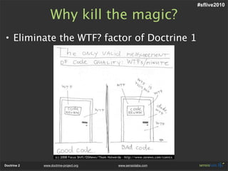 #sflive2010

                 Why kill the magic?
• Eliminate the WTF? factor of Doctrine 1




Doctrine 2   www.doctrine-...