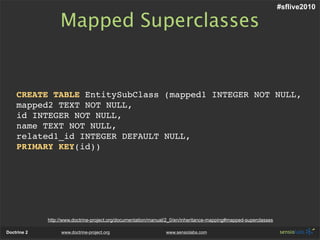 #sflive2010

                  Mapped Superclasses


    CREATE TABLE EntitySubClass (mapped1 INTEGER NOT NULL,
    mapped2 TEXT NOT NULL,
    id INTEGER NOT NULL,
    name TEXT NOT NULL,
    related1_id INTEGER DEFAULT NULL,
    PRIMARY KEY(id))




             http://www.doctrine-project.org/documentation/manual/2_0/en/inheritance-mapping#mapped-superclasses

Doctrine 2        www.doctrine-project.org                      www.sensiolabs.com
 