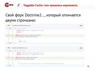 Taggable Cache: чем пришлось жертвовать
Свой форк Doctrine2…, который отличается
двумя строчками:
30
 