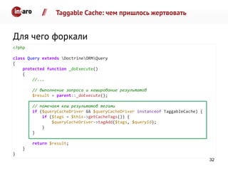 Taggable Cache: чем пришлось жертвовать
Для чего форкали
32
<?php
class Query extends DoctrineORMQuery
{
protected function _doExecute()
{
//...
// выполнение запроса и кеширование результатов
$result = parent::_doExecute();
// помечаем кеш результатов тегами
if ($queryCacheDriver && $queryCacheDriver instanceof TaggableCache) {
if ($tags = $this->getCacheTags()) {
$queryCacheDriver->tagAdd($tags, $queryId);
}
}
return $result;
}
}
 
