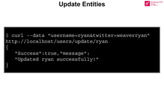 $ curl --data "username=ryan&twitter=weaverryan"
http://localhost/users/update/ryan
{
"Success":true,"message":
"Updated ryan successfully!"
}
Update Entities
 
