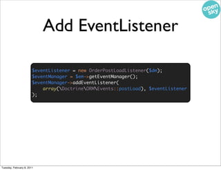 Add EventListener

                        $eventListener = new OrderPostLoadListener($dm);
                        $event...