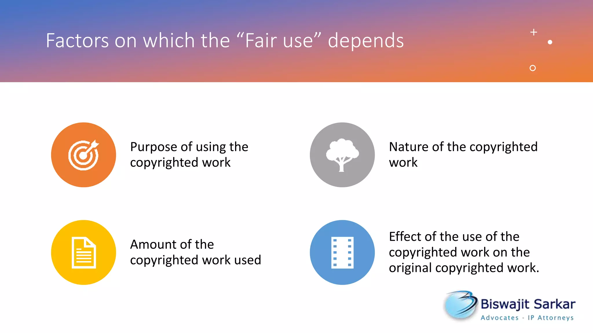 Factors on which the “Fair use” depends
Purpose of using the
copyrighted work
Nature of the copyrighted
work
Amount of the
copyrighted work used
Effect of the use of the
copyrighted work on the
original copyrighted work.