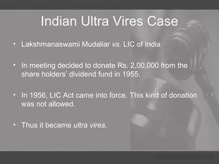 Indian Ultra Vires Case
• Lakshmanaswami Mudaliar vs. LIC of India
• In meeting decided to donate Rs. 2,00,000 from the
share holders’ dividend fund in 1955.
• In 1956, LIC Act came into force. This kind of donation
was not allowed.
• Thus it became ultra vires.
 