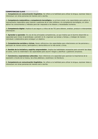  
COMPETENCIAS CLAVE
1. Competencia en comunicación lingüística. Se refiere a la habilidad para utilizar la lengua, expresar ideas e
interactuar con otras personas de manera oral o escrita.
2. Competencia matemática y competencia tecnológica. La primera alude a las capacidades para aplicar el
razonamiento matemático para resolver cuestiones de la vida cotidiana y la competencia tecnológica, en cómo
aplicar los conocimientos y métodos para dar respuesta a los deseos y necesidades humanos.
3. Competencia digital. Implica el uso seguro y crítico de las TIC para obtener, analizar, producir e intercambiar
información.
4. Aprender a aprender. Es una de las principales competencias, ya que implica que el alumno desarrolle su
capacidad para iniciar el aprendizaje y persistir en él, organizar sus tareas y tiempo, y trabajar de manera
individual o colaborativa para conseguir un objetivo.
5. Competencias sociales y cívicas. Hacen referencia a las capacidades para relacionarse con las personas y
participar de manera activa, participativa y democrática en la vida social y cívica.
6. Sentido de la iniciativa y espíritu emprendedor. Implica las habilidades necesarias para convertir las ideas
en actos, como la creatividad o las capacidades para asumir riesgos y planificar y gestionar proyectos.
7. Conciencia y expresiones culturales. Hace referencia a la capacidad para apreciar la importancia de la
expresión a través de la música, las artes plásticas y escénicas o la literatura.
8. Competencia en comunicación lingüística. Se refiere a la habilidad para utilizar la lengua, expresar ideas e
interactuar con otras personas de manera oral o escrita.
 