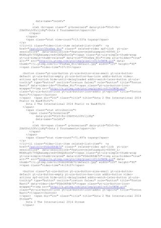 data-name="relmfu"
>
oleh <b><span class=" g-hovercard" data-ytid="UCn5-8z-
2SbUYvL3JFr1jcKg">Dota 2 Tournaments</span></b>
</span>
</span>
<span class="stat view-count">13.537x tayang</span>
</a>
</li><li class="video-list-item related-list-item"> <a
href="/watch?v=7FnsKxw_Htc" class=" related-video spf-link yt-uix-
sessionlink" data-sessionlink="feature=relmfu&amp;ei=60f4U_L-
M4XRugTc7YDQAw&amp;ved=CA0QzRooCg"><span class="yt-uix-simple-thumb-wrap
yt-uix-simple-thumb-related" data-vid="7FnsKxw_Htc"><img aria-hidden="true"
alt="" src="http://s.ytimg.com/yts/img/pixel-vfl3z5WfW.gif" data-
thumb="//i.ytimg.com/vi/7FnsKxw_Htc/default.jpg" width="120" height="90"
><span class="video-time">37:55</span>
<button class="yt-uix-button yt-uix-button-size-small yt-uix-button-
default yt-uix-button-empty yt-uix-button-has-icon addto-button video-
actions spf-nolink hide-until-delayloaded addto-watch-later-button yt-uix-
tooltip" type="button" onclick=";return false;" role="button" title="Tonton
Nanti" data-video-ids="7FnsKxw_Htc"><span class="yt-uix-button-icon-
wrapper"><img src="http://s.ytimg.com/yts/img/pixel-vfl3z5WfW.gif"
class="yt-uix-button-icon yt-uix-button-icon-addto yt-sprite" title="Tonton
Nanti"></span></button>
</span> <span dir="ltr" class="title" title="Dota 2 The International 2014
Fnatic vs Na'Vi">
Dota 2 The International 2014 Fnatic vs Na'Vi
</span>
<span class="stat attribution">
<span class="g-hovercard"
data-ytid="UCn5-8z-2SbUYvL3JFr1jcKg"
data-name="relmfu"
>
oleh <b><span class=" g-hovercard" data-ytid="UCn5-8z-
2SbUYvL3JFr1jcKg">Dota 2 Tournaments</span></b>
</span>
</span>
<span class="stat view-count">71.497x tayang</span>
</a>
</li><li class="video-list-item related-list-item"> <a
href="/watch?v=PUdnD8Fdb7U" class=" related-video spf-link yt-uix-
sessionlink" data-sessionlink="feature=relmfu&amp;ei=60f4U_L-
M4XRugTc7YDQAw&amp;ved=CA4QzRooCw"><span class="yt-uix-simple-thumb-wrap
yt-uix-simple-thumb-related" data-vid="PUdnD8Fdb7U"><img aria-hidden="true"
alt="" src="http://s.ytimg.com/yts/img/pixel-vfl3z5WfW.gif" data-
thumb="//i.ytimg.com/vi/PUdnD8Fdb7U/default.jpg" width="120" height="90"
><span class="video-time">4:19:07</span>
<button class="yt-uix-button yt-uix-button-size-small yt-uix-button-
default yt-uix-button-empty yt-uix-button-has-icon addto-button video-
actions spf-nolink hide-until-delayloaded addto-watch-later-button yt-uix-
tooltip" type="button" onclick=";return false;" role="button" title="Tonton
Nanti" data-video-ids="PUdnD8Fdb7U"><span class="yt-uix-button-icon-
wrapper"><img src="http://s.ytimg.com/yts/img/pixel-vfl3z5WfW.gif"
class="yt-uix-button-icon yt-uix-button-icon-addto yt-sprite" title="Tonton
Nanti"></span></button>
</span> <span dir="ltr" class="title" title="Dota 2 The International 2014
Stream">
Dota 2 The International 2014 Stream
</span>
 