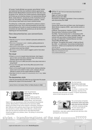 MM


       167 people. Timothy McVeigh was executed, James Nichols’ brother
       was imprisoned but there was insufficient evidence against James
       Nichols himself. Michael Moore comments that the ‘Feds didn’t have
       the goods on him’. We then see a further sequence of James Nichols,
                                                                                ,follow it up:
                                                                                   MoreMediaMag:
                                                                                                     Find out more about documentary on

                                                                                   Biggie and Tupac from MM1
       full of close-ups and including cutaways of an expressionless Michael
                                                                                   Michael Jackson from MM4
       Moore, nervily defensive, accusing his ex-wife of spreading rumours
                                                                                   Pennebaker and Hegedus; Big Brother 4 ; How to construct a
       about him. The editing – and Michael Moore’s questions – expose
                                                                                   radio documentary from MM6
       him as being at least stupid and at worst a terrorist bomber.
       The editing has, in other words, positioned the audience to adopt a         Further reading
       particular point of view. This is what documentaries do all the time –      Vivienne Clark, James Hunt and Eileen Lewis: Key Concepts in
       and something you’ll be able to uncover by asking how documentary           Media Studies, Longmans (2003) – good overview section on
       conventions are used. Below are questions you can ask when you’re           documentary
       exploring your own documentaries.                                           Jo Wilcock: Documentaries: A teacher’s guide/Classroom
                                                                                   Resources Auteur Publications (revised 2003)
       How documentaries use conventions                                           Paul Wells: ‘The Documentary Form’ in Introduction to Film
                                                                                   Studies, Ed. Jill Nelmes, 2nd edition, Routledge (1999) – good
       The verbal                                                                  overview with case studies on Robert Flaherty, Humphrey
                                                                                   Jennings, Leni Riefenstahl, Frederick Wiseman and Hoop
        • Does the presenter/voiceover attempt to persuade audiences of a
                                                                                   Dreams / When We Were Kings
          point of view?
                                                                                   Jon Ronson: ‘The egotists have landed’ in Sight and Sound ,
        • What kind of language is used – emotive, guiding audiences to
                                                                                   Nov 2002 – on ‘performative’ documentary and Bowling for
          think in a particular way?
                                                                                   Columbine – articles can be reprinted from the Bfi website –
        • What kinds of interviewees are used? Ordinary people /experts? Do
                                                                                   www.bfi.org.uk
          we believe some more than others?
                                                                                   Michael Moore and Nick Broomfield have their own
        • Are music or sound effects used to suggest a point of view about
                                                                                   sites:www.michaelmoore.com
          the subject?
                                                                                   www.nickbroomfield.com
       The visual
        • If there’s a presenter/people being interviewed, what image is
          given to them and why (dress, physical image, body language,
          backdrop against which they’re filmed)?
        • How does camerawork affect your point of view about what/who is
          being filmed?
        • If visual effects are used, how do they affect your point of view
           about the subject?
        • How is editing used? (Length of shots/scenes, placing contrasting
          scenes next to one another to make a point, cutaways.) Are your
           attitudes to people and the subject affected by editing?
        • How does turning the subject of a documentary into a ‘story’ affect
          the subject?
       The documentary style
        • Does the documentary style affect how you think about the people
        portrayed/the subject of the documentary? M M


                                                                                     8:
                                                                                                                        The first hybrids
                                                                                                                      Documentary meets soap
         Jeremy Points is the Subject Officer for Media Studies for WJEC.
                                                                                                                      opera – to increase television
                                                                                                                      ratings?
                                                                                                                      The Office – a send-up of the
                                                                                                                      docusoap, focusing on key


  7:
                                       Enter the performers                          characters who talk direct to camera. A ‘hybrid’ documentary,
                                       Michael Moore, Bowling for                    where at least two genres are mixed.
                                       Columbine
                                      The 80s and 90s brought the
                                      performers: Nick Broomfield and



                                                                                     9:
                                      Michael Moore, who took centre                                                 T he current phase of hybrids:
  stage in their own documentaries. Both have produced documentaries                                                 documentary meets soap meets
  recently: Michael Moore’s brilliant Bowling for Columbine (2002),                                                  game show and even talk show
  based on the killing of high school students in Columbine, Colorado in                                             – definitely increasing ratings
  April 1999 and raises questions about US gun laws. Nick Broomfield                                                 The more recent reality TV
  has returned to an earlier subject, Aileen Wournos, a female serial                                                makes a hybrid out of
  killer who was recently executed and for whom Nick Broomfield                      documentary, soap opera, game show and even talk show, when
  himself was called in as a witness. Aileen: T he Selling of a Serial Killer        participants are interviewed.
  (released 2003).


styles – transformations of the real >>>>>>>>>??????
        english and media centre | february 2004 | Media M agazine
                                                                                                                                       47
 
