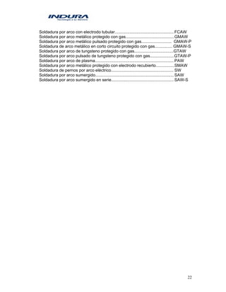 22
Soldadura por arco con electrodo tubular................................................... FCAW
Soldadura por arco metálico protegido con gas..........................................GMAW
Soldadura por arco metálico pulsado protegido con gas.......................... GMAW-P
Soldadura de arco metálico en corto circuito protegido con gas............... GMAW-S
Soldadura por arco de tungsteno protegido con gas..................................GTAW
Soldadura por arco pulsado de tungsteno protegido con gas.....................GTAW-P
Soldadura por arco de plasma.................................................................... PAW
Soldadura por arco metálico protegido con electrodo recubierto................SMAW
Soldadura de pernos por arco eléctrico...................................................... SW
Soldadura por arco sumergido....................................................................SAW
Soldadura por arco sumergido en serie...................................................... SAW-S
 