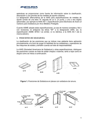6
apéndices se proporcionan como fuente de información sobre la clasificación,
descripción o uso previsto de los metales de aporte cubiertos.
La designación alfanumérica de la AWS para especificaciones de metales de
aporte consta de una letra "A” seguida de un 5, un punto. y uno o dos dígitos
adicionales, por ejemplo la AWS A5-1, Especificación para Electrodos de Acero al
Carbono para Soldadura por Arco Metálico Protegido.
Cuando ASME adopta estas especificaciones, ya sea de manera completa y fiel o
con revisiones, le antepone las letras "SF” a la designación AWS, así, la
especificación ASME SFA5.1 es similar, si no idéntica, a la AWS A5.1 (de la
misma edición).
2. POSICIONES DE SOLDADURA
La clasificación de las posiciones que se indican mas adelante tiene aplicación
principalmente a la hora de juzgar la habilidad de los soldadores u operadores de
las maquinas de soldeo y también cuando se trata de responsabilidad.
La AWS (Sociedad Americana de Soldadura) y otras especificaciones, distinguen
las posiciones cuando se trata de soldar chapas o tuberías, tanto a tope como en
ángulo como se indica a continuación.
Figura 1. Posiciones de Soldadura en placas con soldadura de ranura.
 